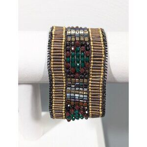 Nakamol Red Green Bead Brown Leather Snap‎ Cuff Wide Bracelet 6.5"